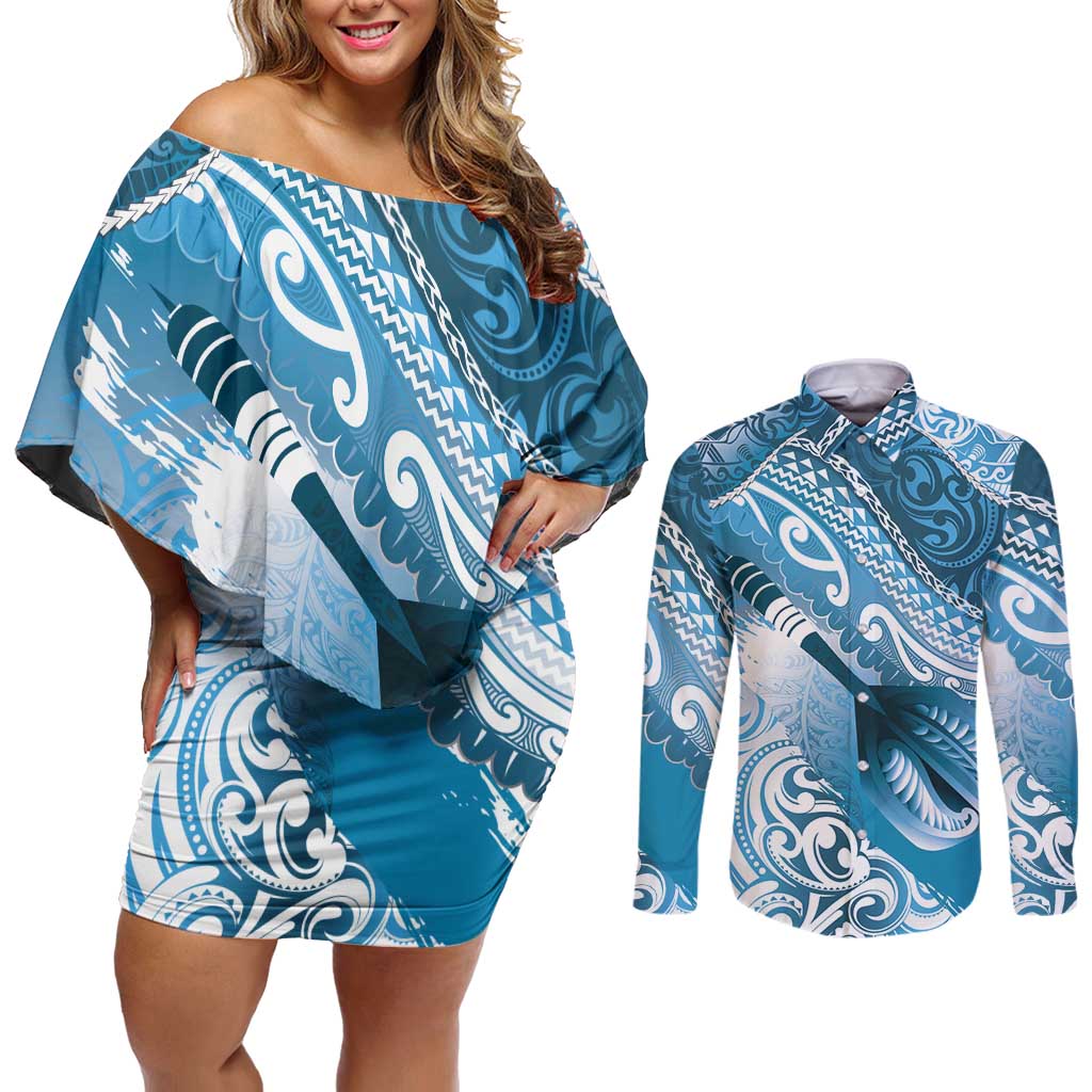 Personalised New Zealand Aotearoa Darts Masters Couples Matching Off Shoulder Short Dress and Long Sleeve Button Shirt Maori Art Tattoo with Tribal Dart Symbol Blue - Polynesian Pride