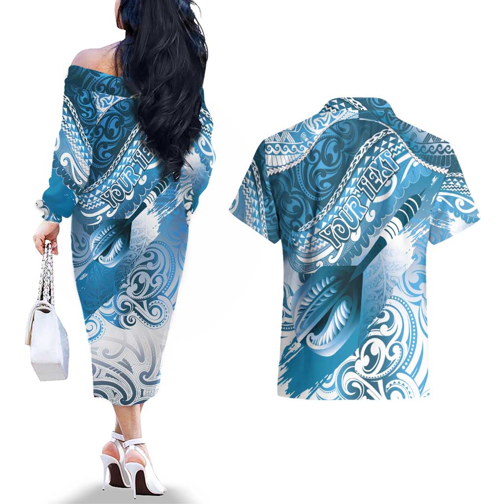 Personalised New Zealand Aotearoa Darts Masters Couples Matching Off The Shoulder Long Sleeve Dress and Hawaiian Shirt Maori Art Tattoo with Tribal Dart Symbol Blue - Polynesian Pride