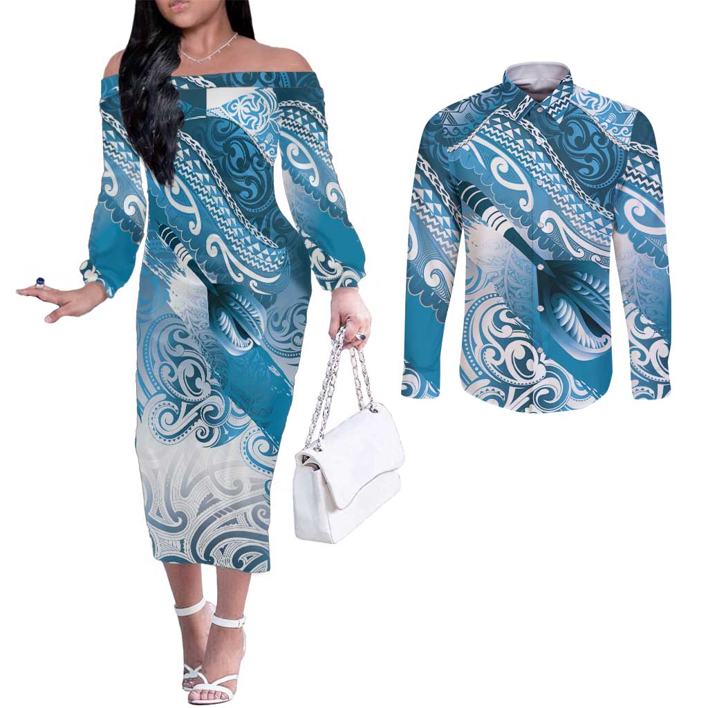 Personalised New Zealand Aotearoa Darts Masters Couples Matching Off The Shoulder Long Sleeve Dress and Long Sleeve Button Shirt Maori Art Tattoo with Tribal Dart Symbol Blue - Polynesian Pride