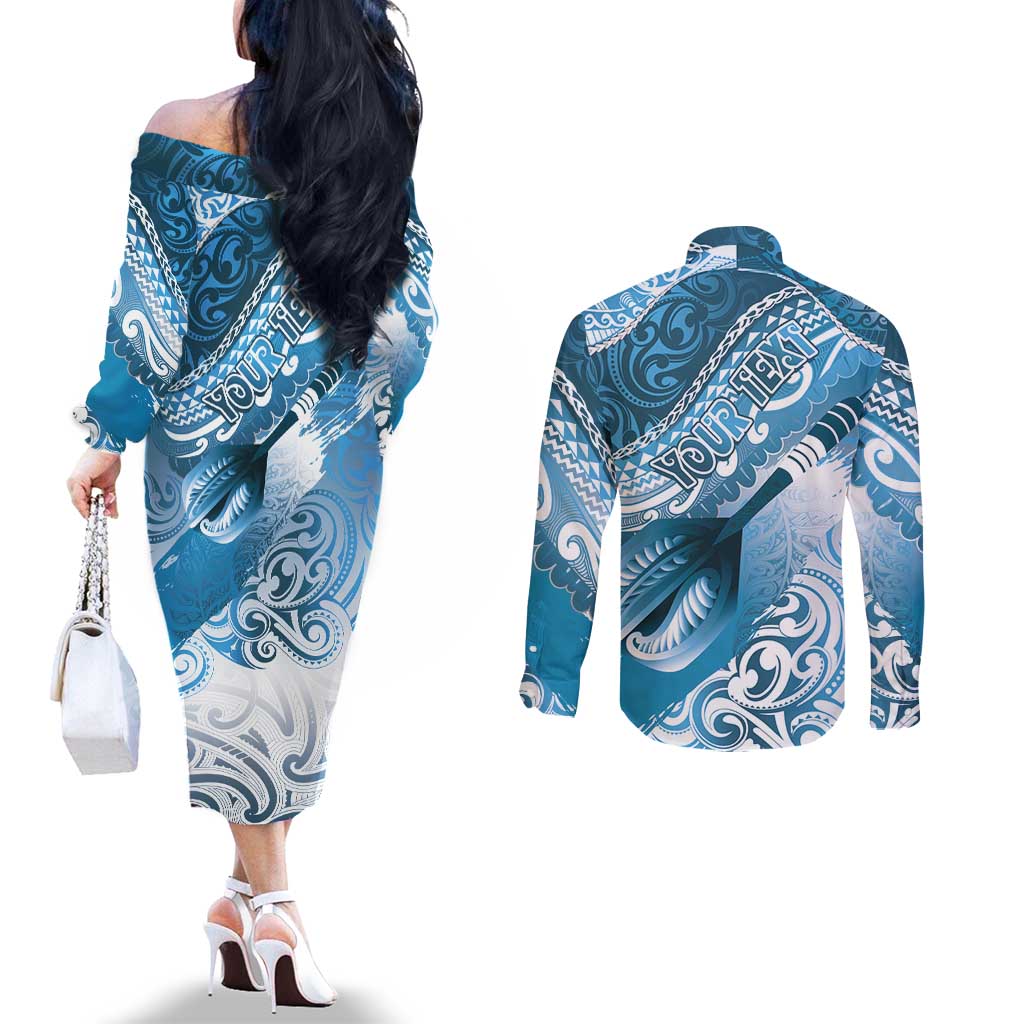 Personalised New Zealand Aotearoa Darts Masters Couples Matching Off The Shoulder Long Sleeve Dress and Long Sleeve Button Shirt Maori Art Tattoo with Tribal Dart Symbol Blue - Polynesian Pride