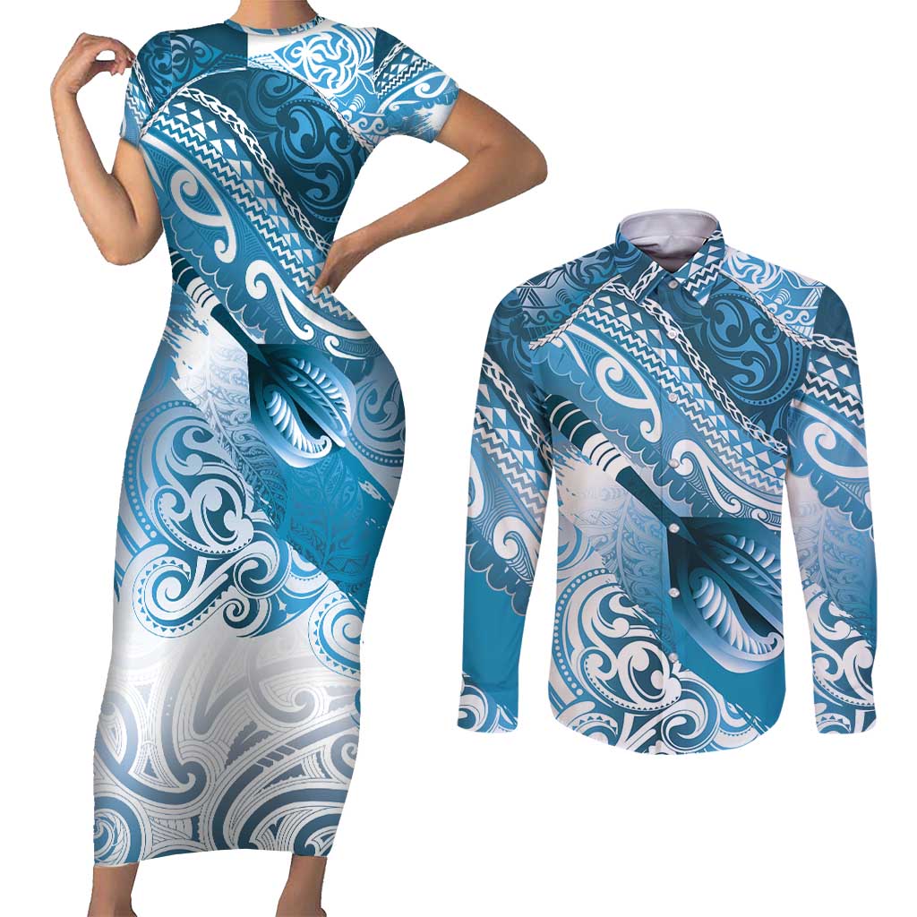 Personalised New Zealand Aotearoa Darts Masters Couples Matching Short Sleeve Bodycon Dress and Long Sleeve Button Shirt Maori Art Tattoo with Tribal Dart Symbol Blue - Polynesian Pride