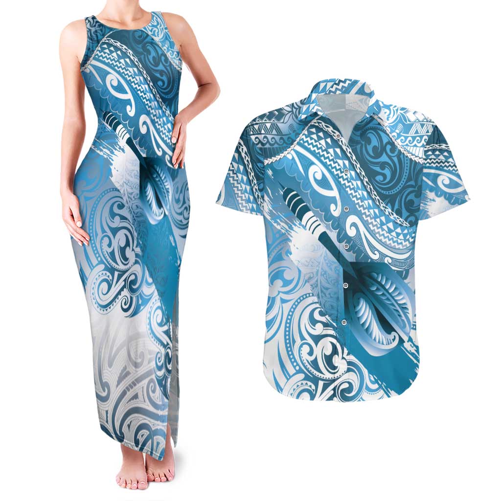Personalised New Zealand Aotearoa Darts Masters Couples Matching Tank Maxi Dress and Hawaiian Shirt Maori Art Tattoo with Tribal Dart Symbol Blue - Polynesian Pride
