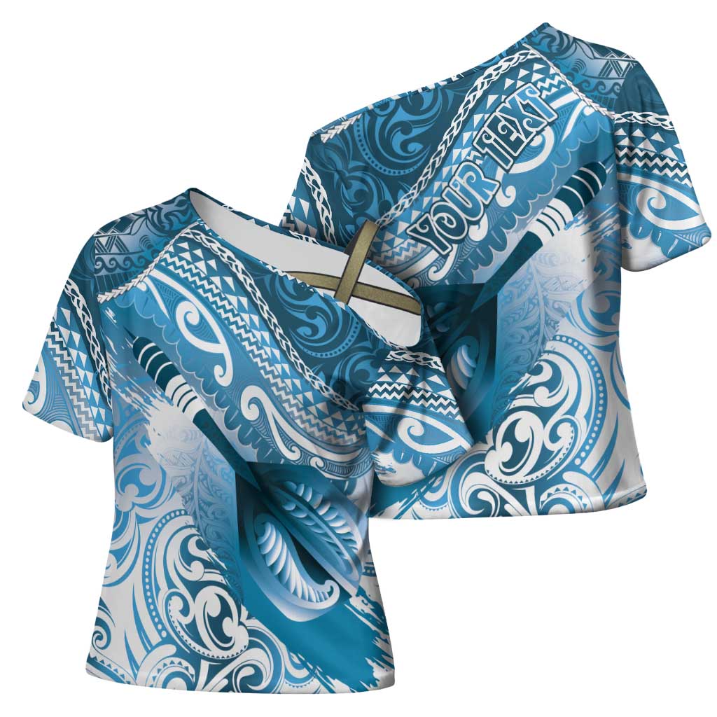 Personalised New Zealand Aotearoa Darts Masters Cross Shoulder Shirt Maori Art Tattoo with Tribal Dart Symbol Blue - Polynesian Pride