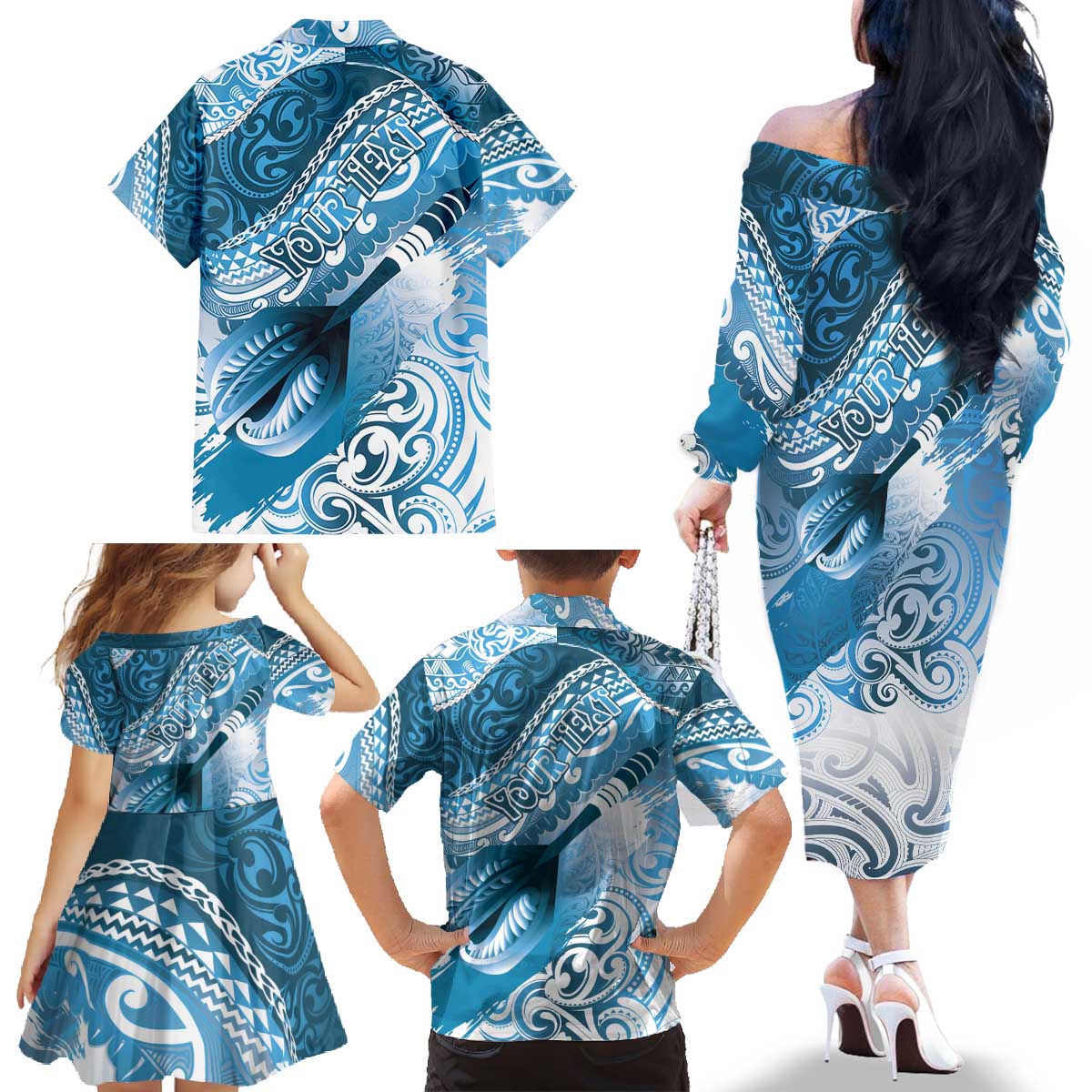 Personalised New Zealand Aotearoa Darts Masters Family Matching Off The Shoulder Long Sleeve Dress and Hawaiian Shirt Maori Art Tattoo with Tribal Dart Symbol Blue - Polynesian Pride