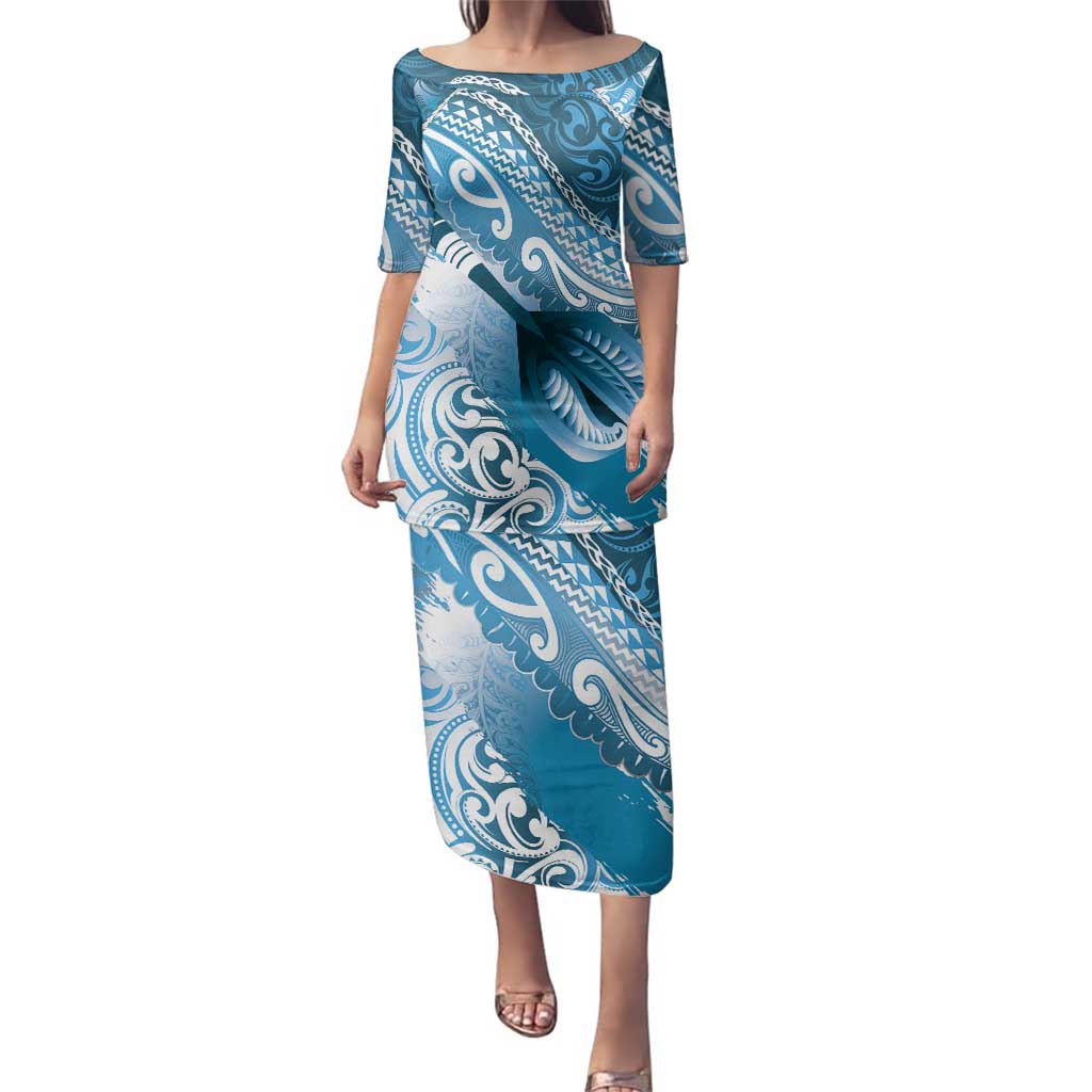 Personalised New Zealand Aotearoa Darts Masters Family Matching Puletasi and Hawaiian Shirt Maori Art Tattoo with Tribal Dart Symbol Blue - Polynesian Pride