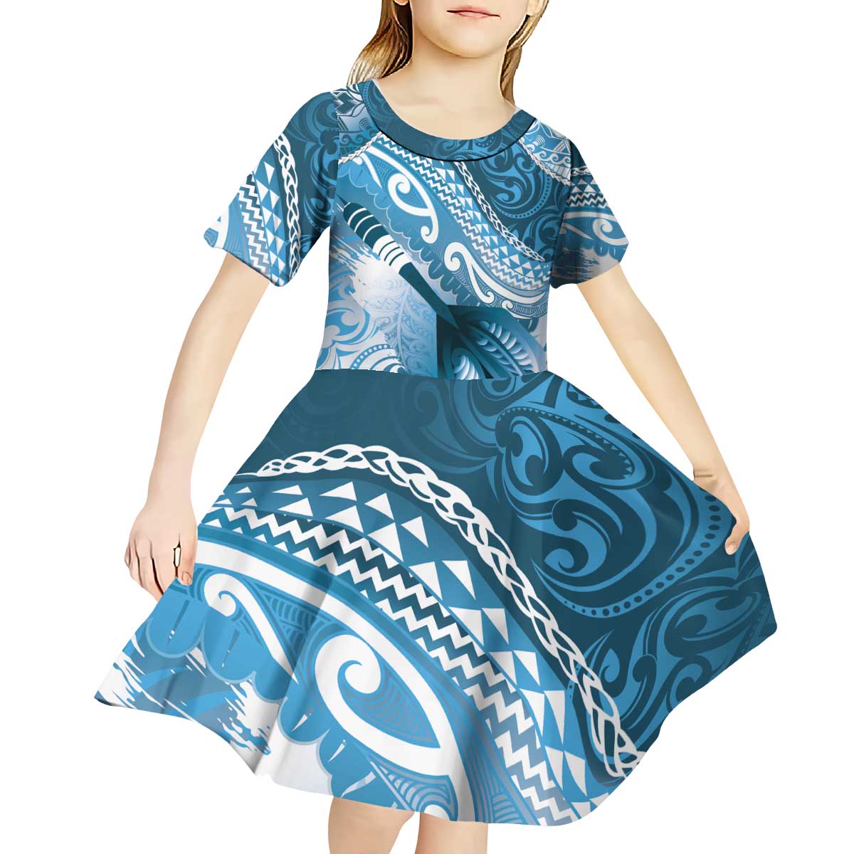 Personalised New Zealand Aotearoa Darts Masters Kid Short Sleeve Dress Maori Art Tattoo with Tribal Dart Symbol Blue - Polynesian Pride