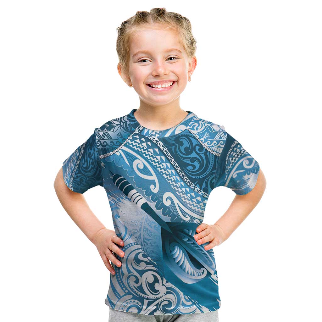 Personalised New Zealand Aotearoa Darts Masters Kid T Shirt Maori Art Tattoo with Tribal Dart Symbol Blue - Polynesian Pride