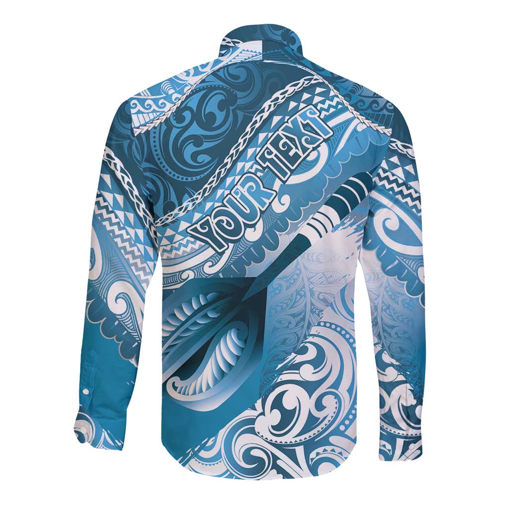 Personalised New Zealand Aotearoa Darts Masters Long Sleeve Button Shirt Maori Art Tattoo with Tribal Dart Symbol Blue - Polynesian Pride