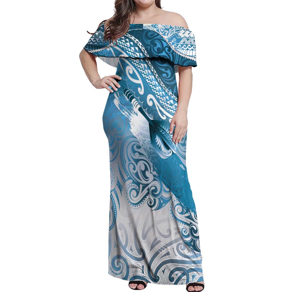 Personalised New Zealand Aotearoa Darts Masters Off Shoulder Maxi Dress Maori Art Tattoo with Tribal Dart Symbol Blue - Polynesian Pride