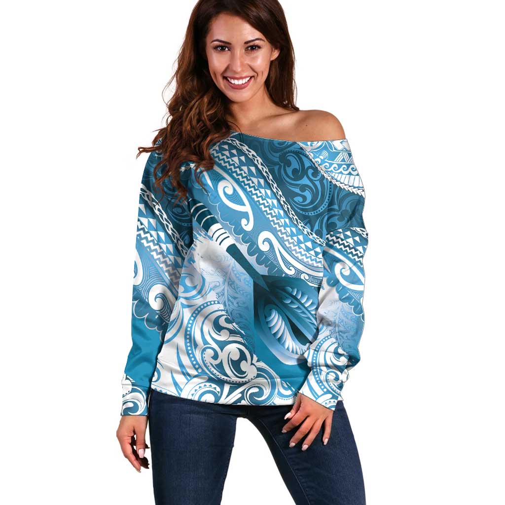 Personalised New Zealand Aotearoa Darts Masters Off Shoulder Sweater Maori Art Tattoo with Tribal Dart Symbol Blue - Polynesian Pride