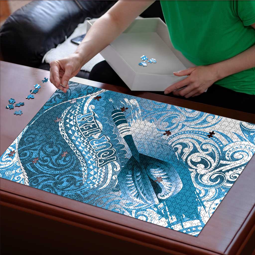 Personalised New Zealand Aotearoa Darts Masters Puzzle Maori Art Tattoo with Tribal Dart Symbol Blue - Polynesian Pride