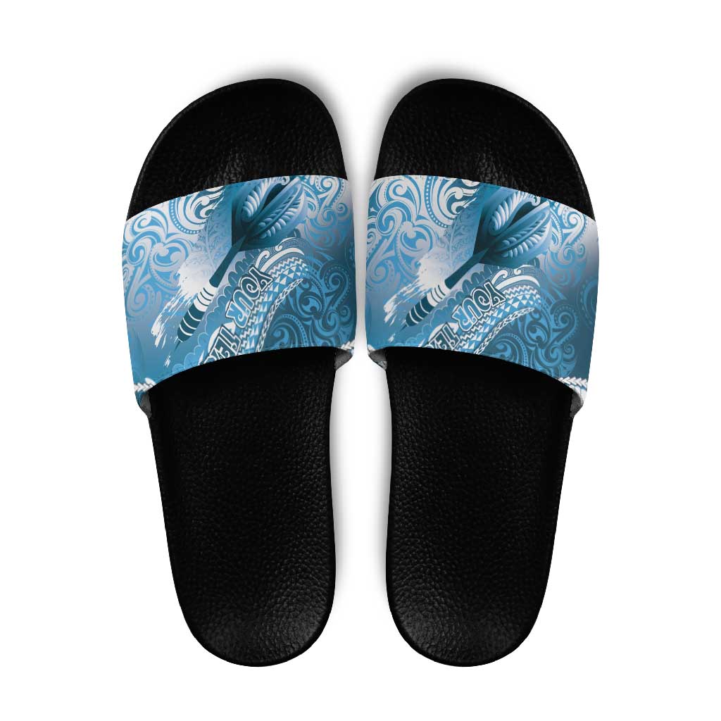 Personalised New Zealand Aotearoa Darts Masters Slide Sandals Maori Art Tattoo with Tribal Dart Symbol Blue - Polynesian Pride