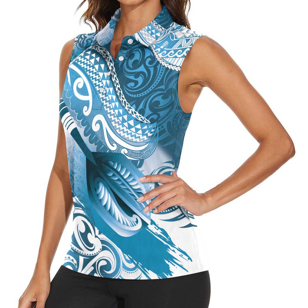 Personalised New Zealand Aotearoa Darts Masters Women Sleeveless Polo Shirt Maori Art Tattoo with Tribal Dart Symbol Blue - Polynesian Pride