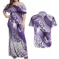 Personalised New Zealand Aotearoa Darts Masters Couples Matching Off Shoulder Maxi Dress and Hawaiian Shirt Maori Art Tattoo with Tribal Dart Symbol Purple - Polynesian Pride