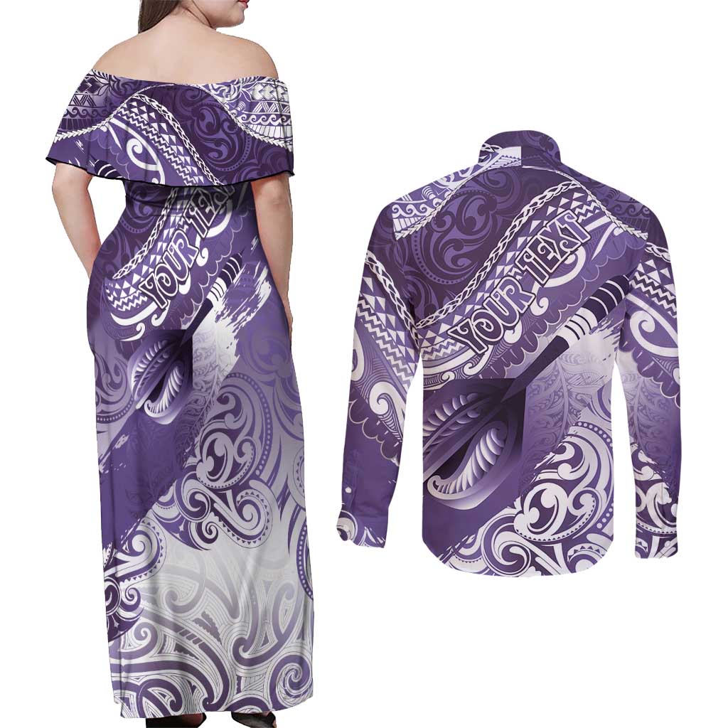 Personalised New Zealand Aotearoa Darts Masters Couples Matching Off Shoulder Maxi Dress and Long Sleeve Button Shirt Maori Art Tattoo with Tribal Dart Symbol Purple - Polynesian Pride