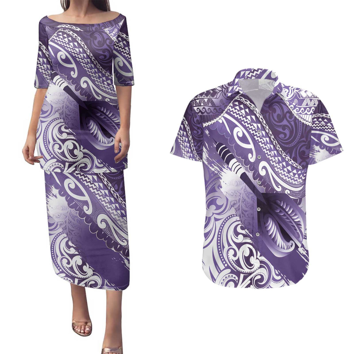 Personalised New Zealand Aotearoa Darts Masters Couples Matching Puletasi and Hawaiian Shirt Maori Art Tattoo with Tribal Dart Symbol Purple - Polynesian Pride