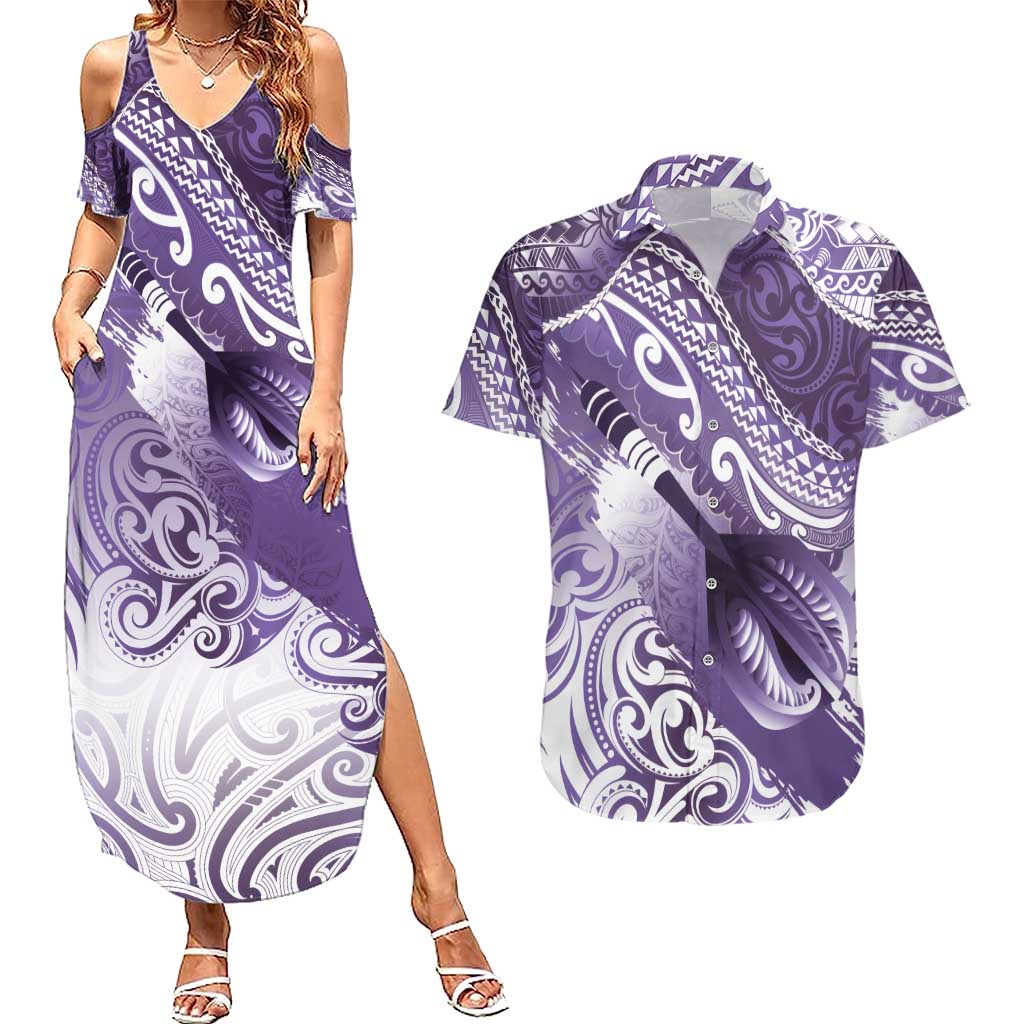 Personalised New Zealand Aotearoa Darts Masters Couples Matching Summer Maxi Dress and Hawaiian Shirt Maori Art Tattoo with Tribal Dart Symbol Purple - Polynesian Pride