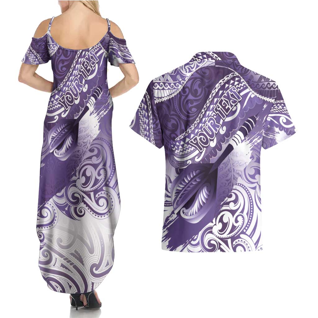 Personalised New Zealand Aotearoa Darts Masters Couples Matching Summer Maxi Dress and Hawaiian Shirt Maori Art Tattoo with Tribal Dart Symbol Purple - Polynesian Pride