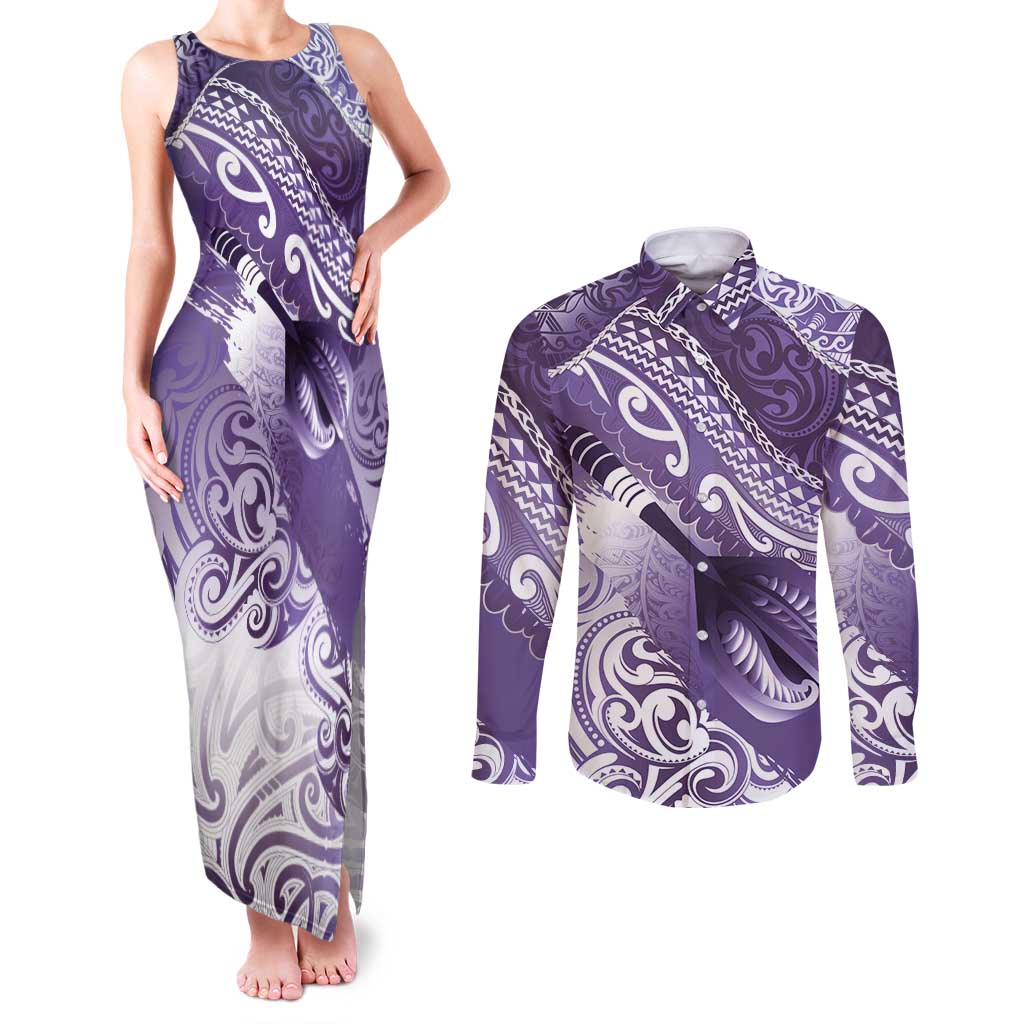 Personalised New Zealand Aotearoa Darts Masters Couples Matching Tank Maxi Dress and Long Sleeve Button Shirt Maori Art Tattoo with Tribal Dart Symbol Purple - Polynesian Pride