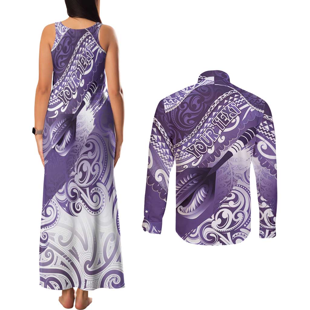 Personalised New Zealand Aotearoa Darts Masters Couples Matching Tank Maxi Dress and Long Sleeve Button Shirt Maori Art Tattoo with Tribal Dart Symbol Purple - Polynesian Pride