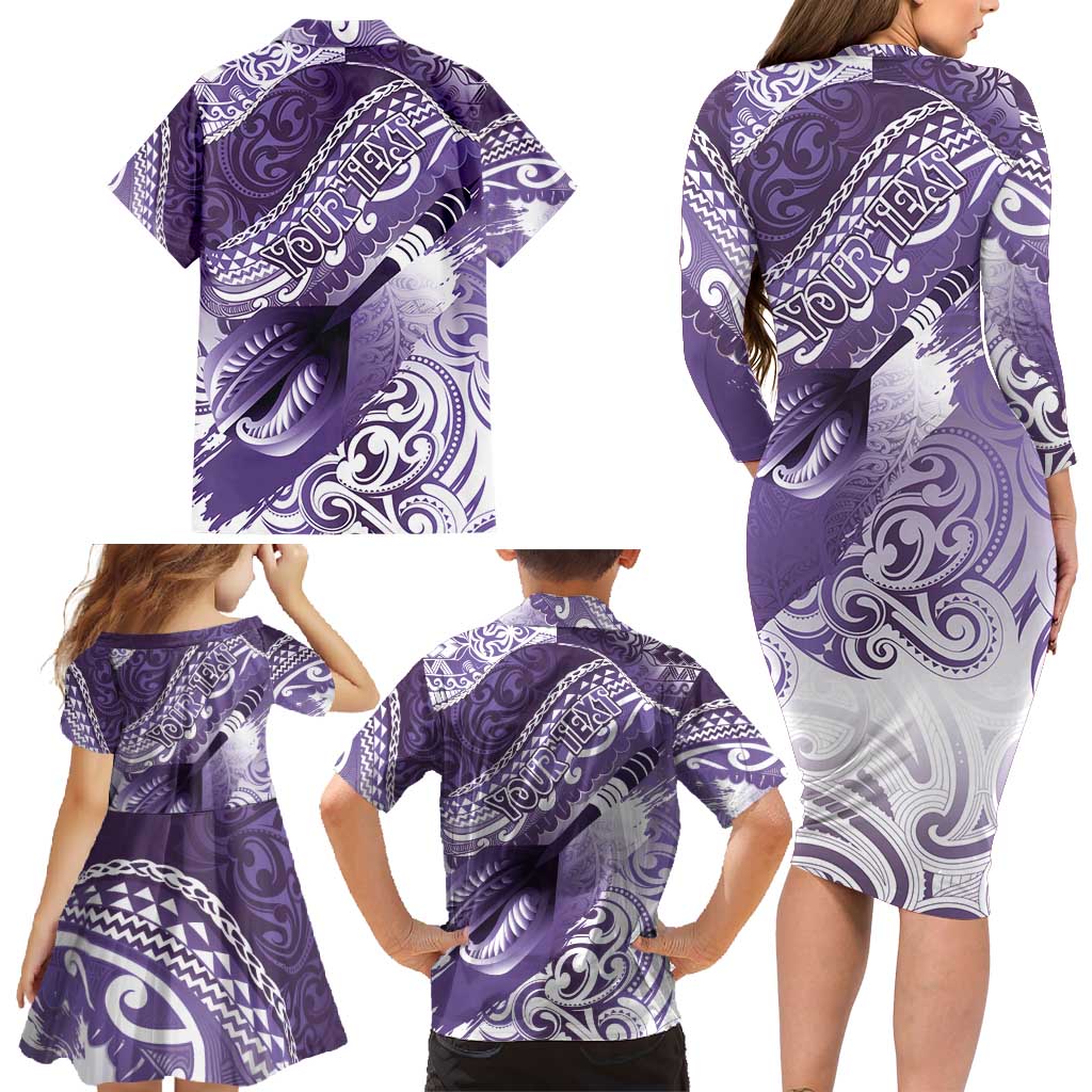 Personalised New Zealand Aotearoa Darts Masters Family Matching Long Sleeve Bodycon Dress and Hawaiian Shirt Maori Art Tattoo with Tribal Dart Symbol Purple - Polynesian Pride