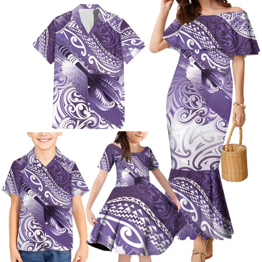 Personalised New Zealand Aotearoa Darts Masters Family Matching Mermaid Dress and Hawaiian Shirt Maori Art Tattoo with Tribal Dart Symbol Purple - Polynesian Pride