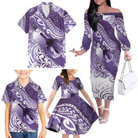 Personalised New Zealand Aotearoa Darts Masters Family Matching Off The Shoulder Long Sleeve Dress and Hawaiian Shirt Maori Art Tattoo with Tribal Dart Symbol Purple - Polynesian Pride