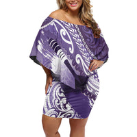 Personalised New Zealand Aotearoa Darts Masters Family Matching Off Shoulder Short Dress and Hawaiian Shirt Maori Art Tattoo with Tribal Dart Symbol Purple - Polynesian Pride