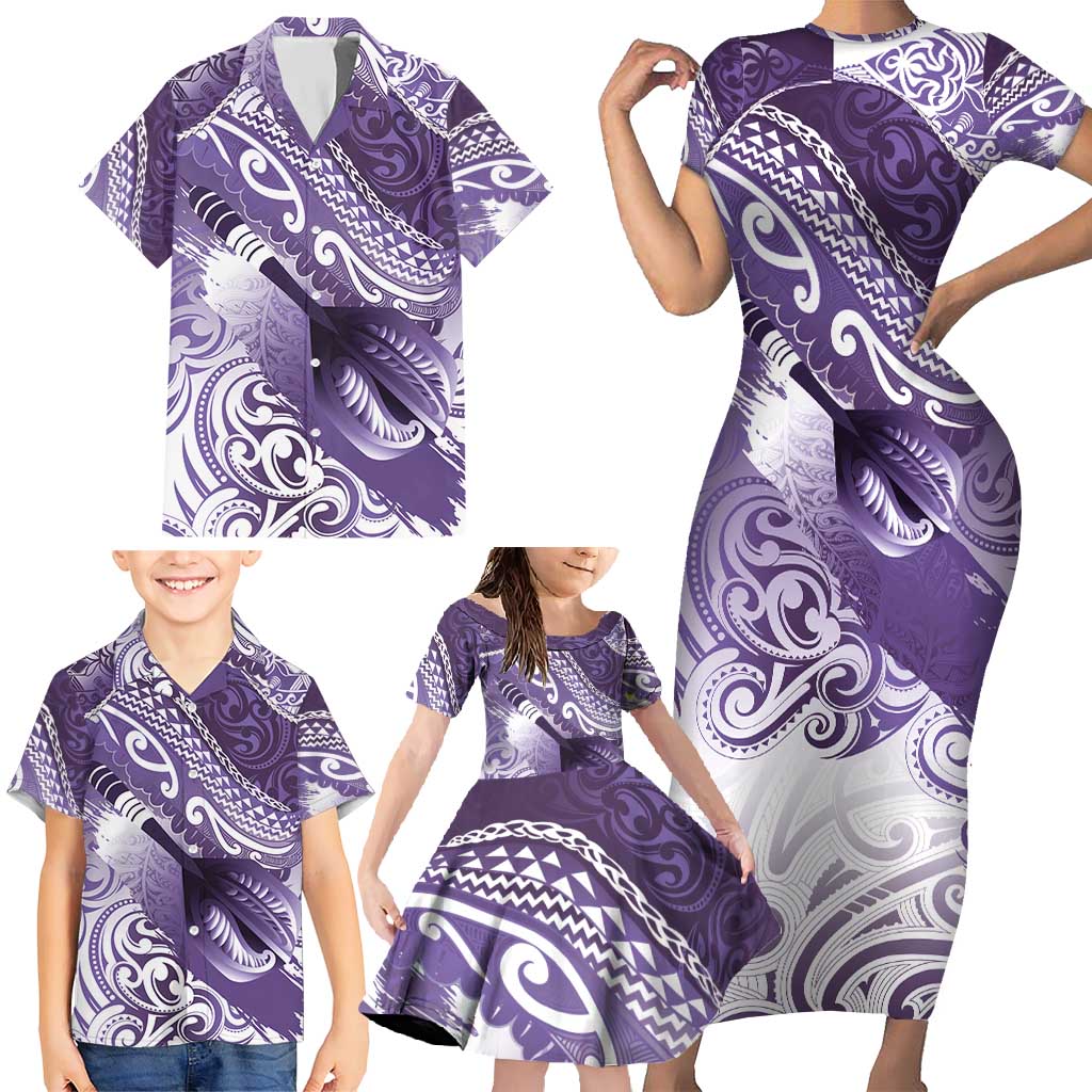 Personalised New Zealand Aotearoa Darts Masters Family Matching Short Sleeve Bodycon Dress and Hawaiian Shirt Maori Art Tattoo with Tribal Dart Symbol Purple - Polynesian Pride