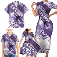 Personalised New Zealand Aotearoa Darts Masters Family Matching Short Sleeve Bodycon Dress and Hawaiian Shirt Maori Art Tattoo with Tribal Dart Symbol Purple - Polynesian Pride