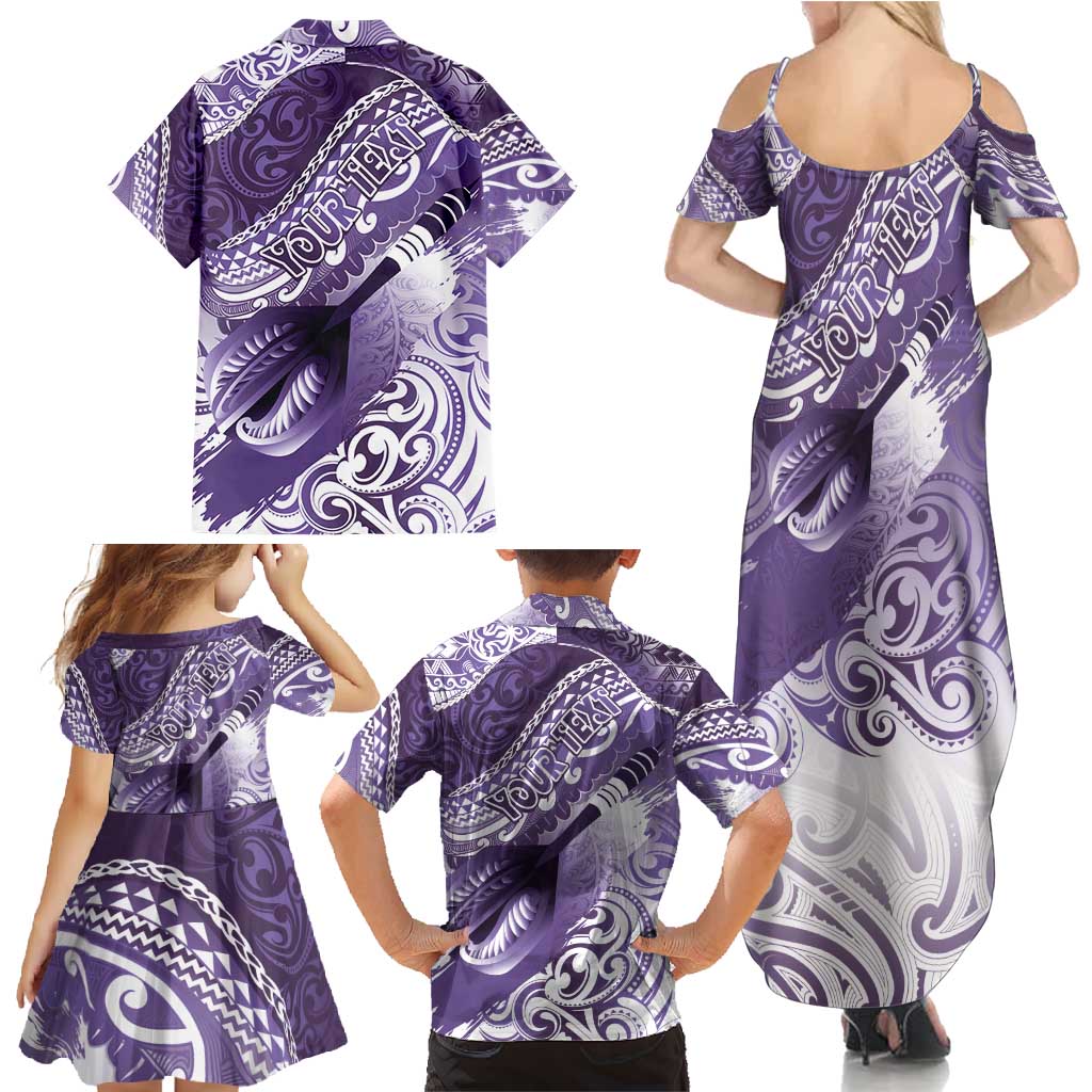 Personalised New Zealand Aotearoa Darts Masters Family Matching Summer Maxi Dress and Hawaiian Shirt Maori Art Tattoo with Tribal Dart Symbol Purple - Polynesian Pride