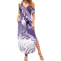Personalised New Zealand Aotearoa Darts Masters Family Matching Summer Maxi Dress and Hawaiian Shirt Maori Art Tattoo with Tribal Dart Symbol Purple - Polynesian Pride