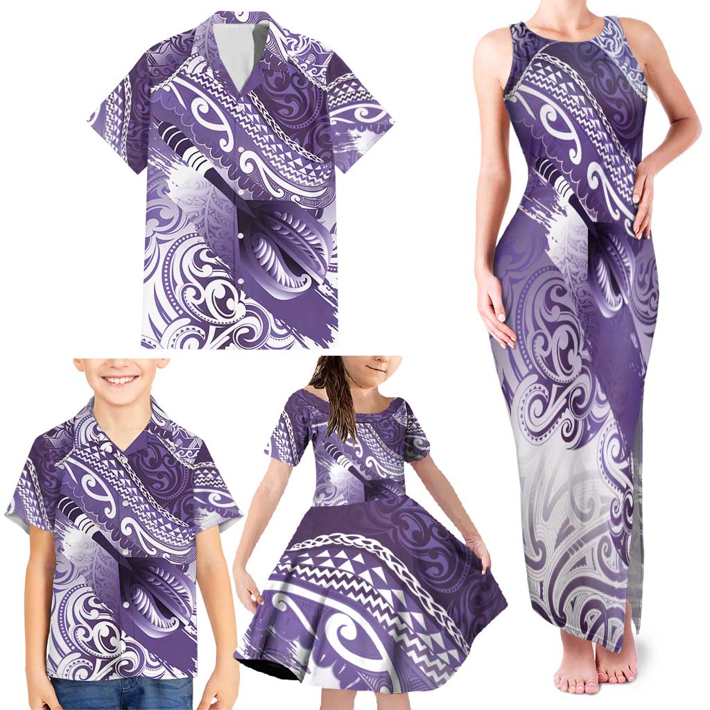 Personalised New Zealand Aotearoa Darts Masters Family Matching Tank Maxi Dress and Hawaiian Shirt Maori Art Tattoo with Tribal Dart Symbol Purple - Polynesian Pride
