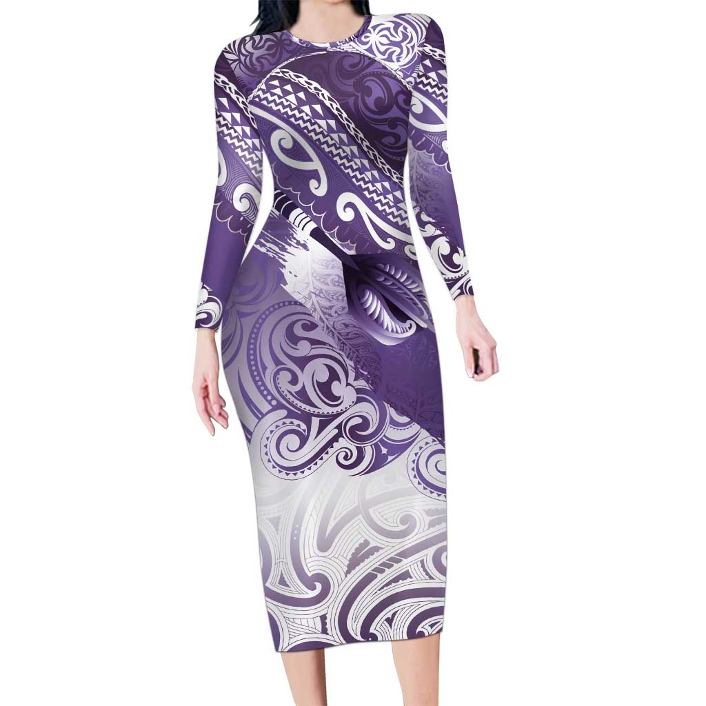 Personalised New Zealand Aotearoa Darts Masters Long Sleeve Bodycon Dress Maori Art Tattoo with Tribal Dart Symbol Purple - Polynesian Pride