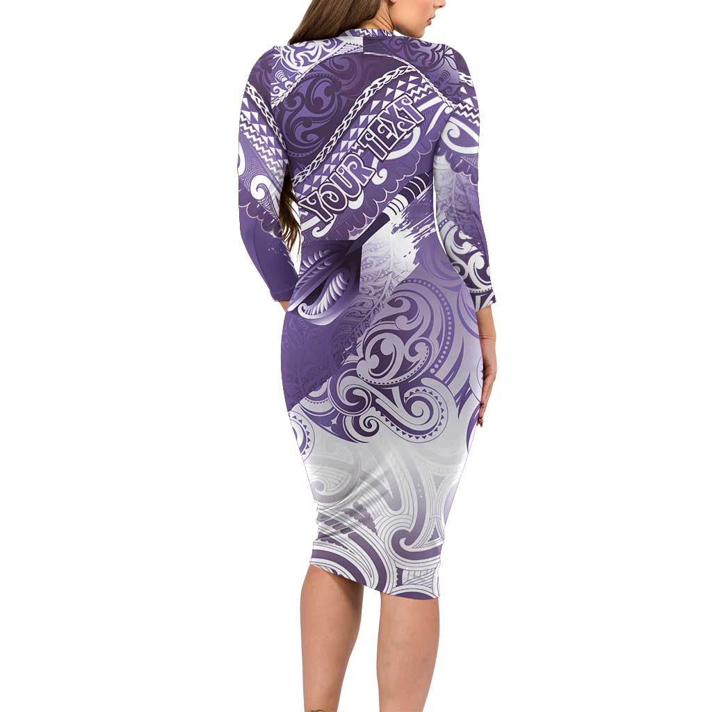 Personalised New Zealand Aotearoa Darts Masters Long Sleeve Bodycon Dress Maori Art Tattoo with Tribal Dart Symbol Purple - Polynesian Pride