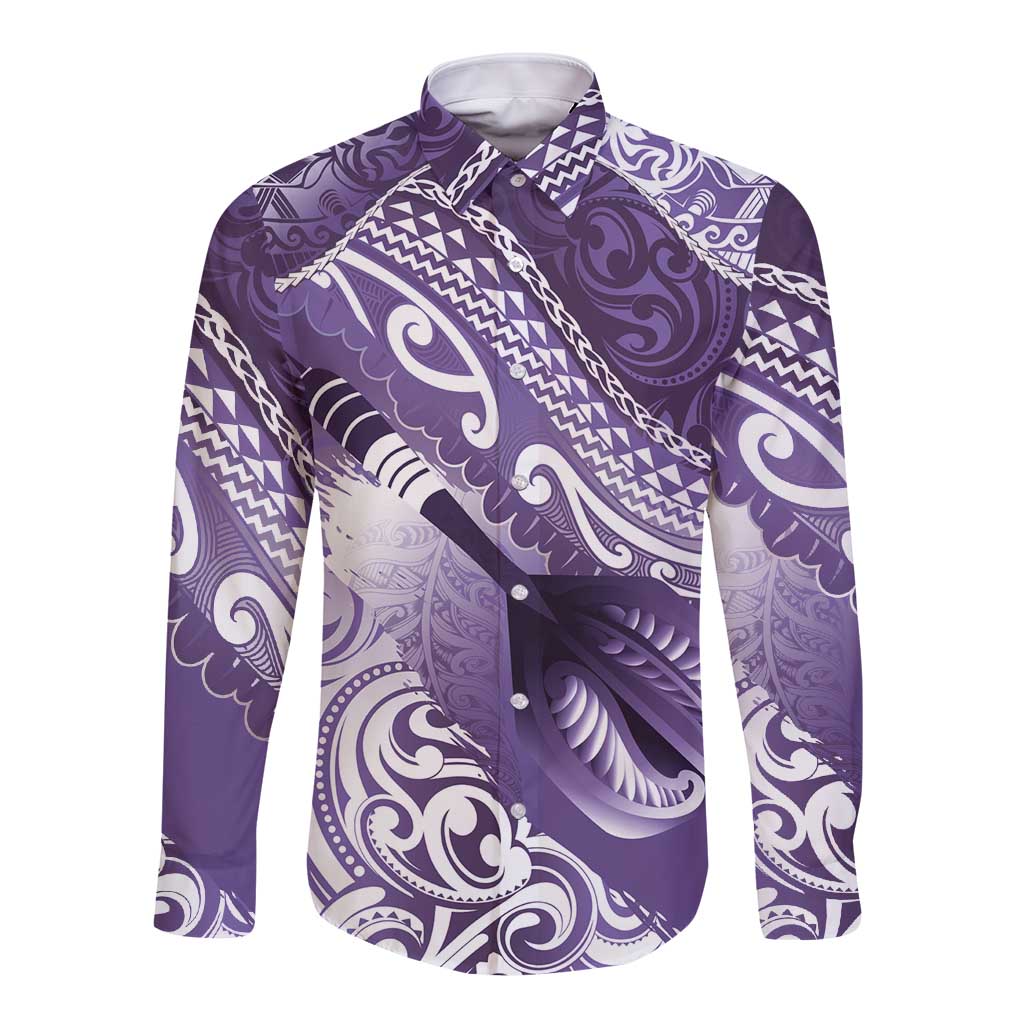 Personalised New Zealand Aotearoa Darts Masters Long Sleeve Button Shirt Maori Art Tattoo with Tribal Dart Symbol Purple - Polynesian Pride