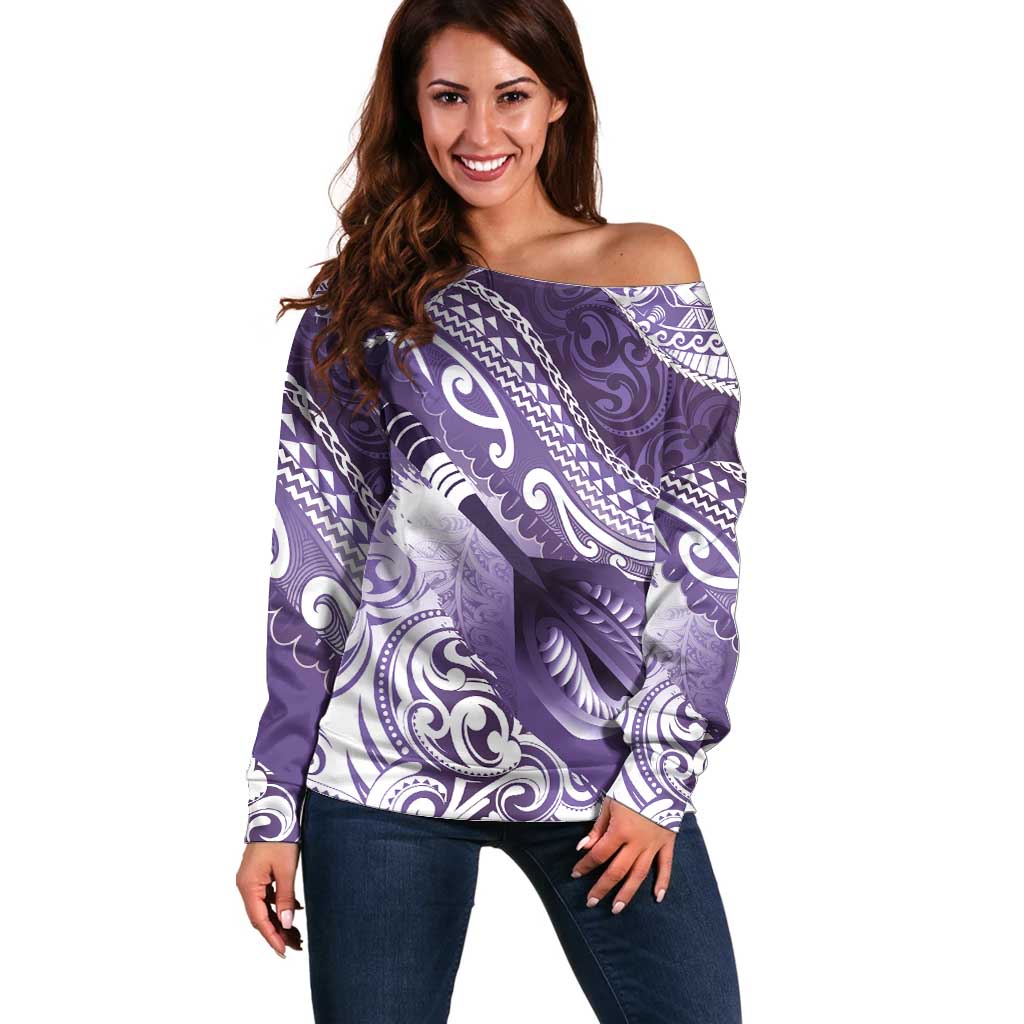 Personalised New Zealand Aotearoa Darts Masters Off Shoulder Sweater Maori Art Tattoo with Tribal Dart Symbol Purple - Polynesian Pride