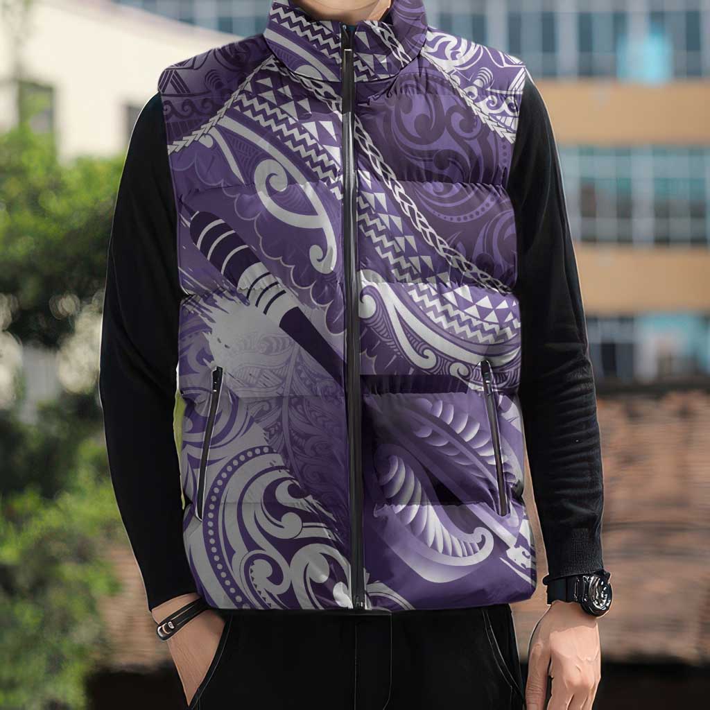 Personalised New Zealand Aotearoa Darts Masters Sleeveless Puffer Jacket Maori Art Tattoo with Tribal Dart Symbol Purple - Polynesian Pride