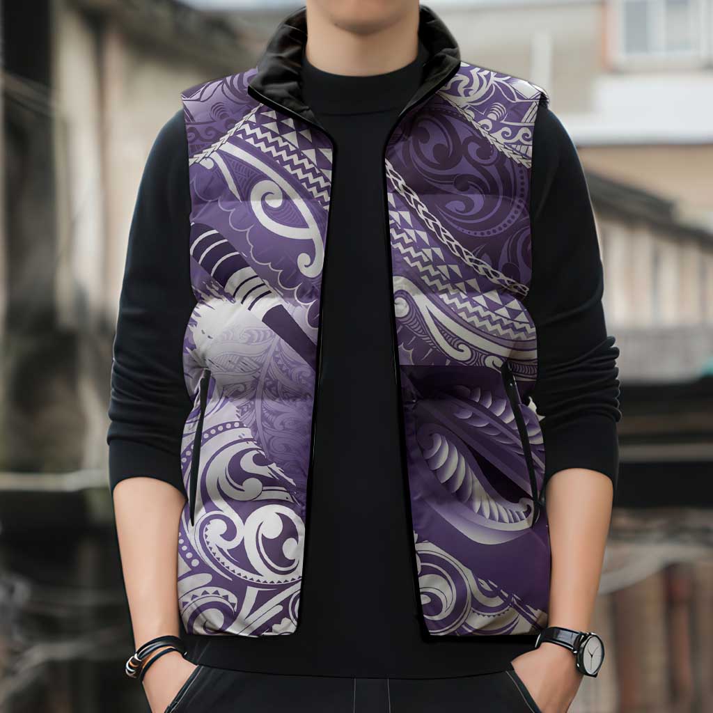 Personalised New Zealand Aotearoa Darts Masters Sleeveless Puffer Jacket Maori Art Tattoo with Tribal Dart Symbol Purple - Polynesian Pride