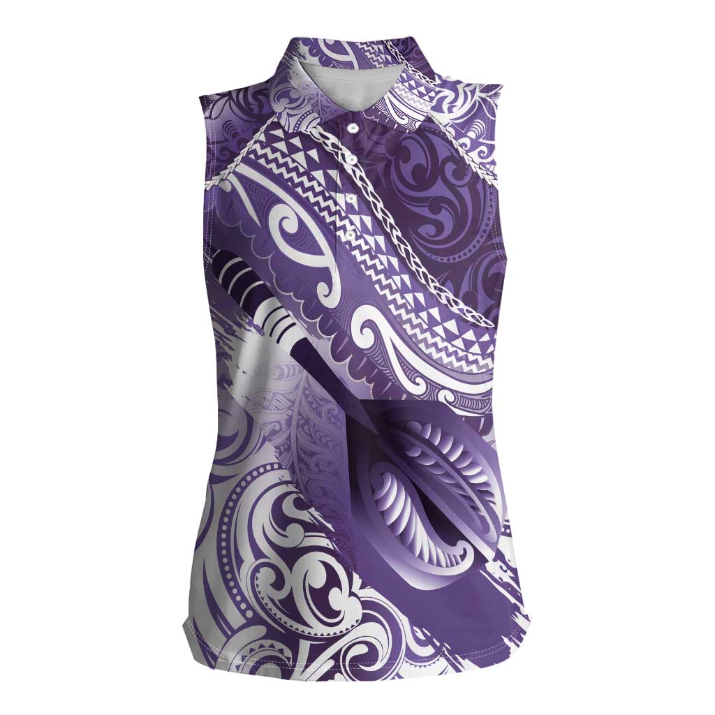 Personalised New Zealand Aotearoa Darts Masters Women Sleeveless Polo Shirt Maori Art Tattoo with Tribal Dart Symbol Purple - Polynesian Pride