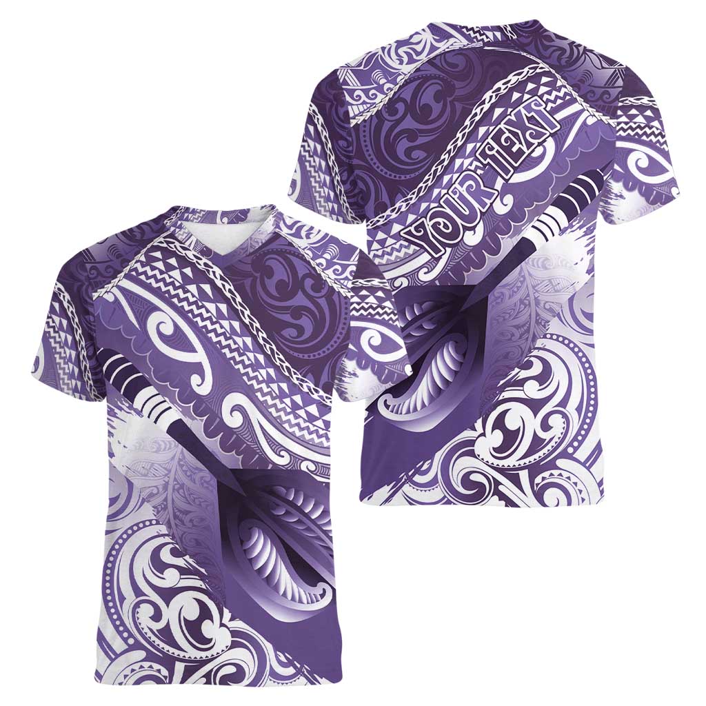 Personalised New Zealand Aotearoa Darts Masters Women V-Neck T-Shirt Maori Art Tattoo with Tribal Dart Symbol Purple - Polynesian Pride
