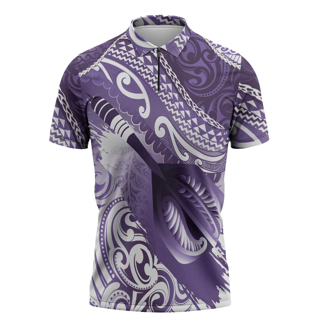 Personalised New Zealand Aotearoa Darts Masters Zipper Polo Shirt Maori Art Tattoo with Tribal Dart Symbol Purple - Polynesian Pride