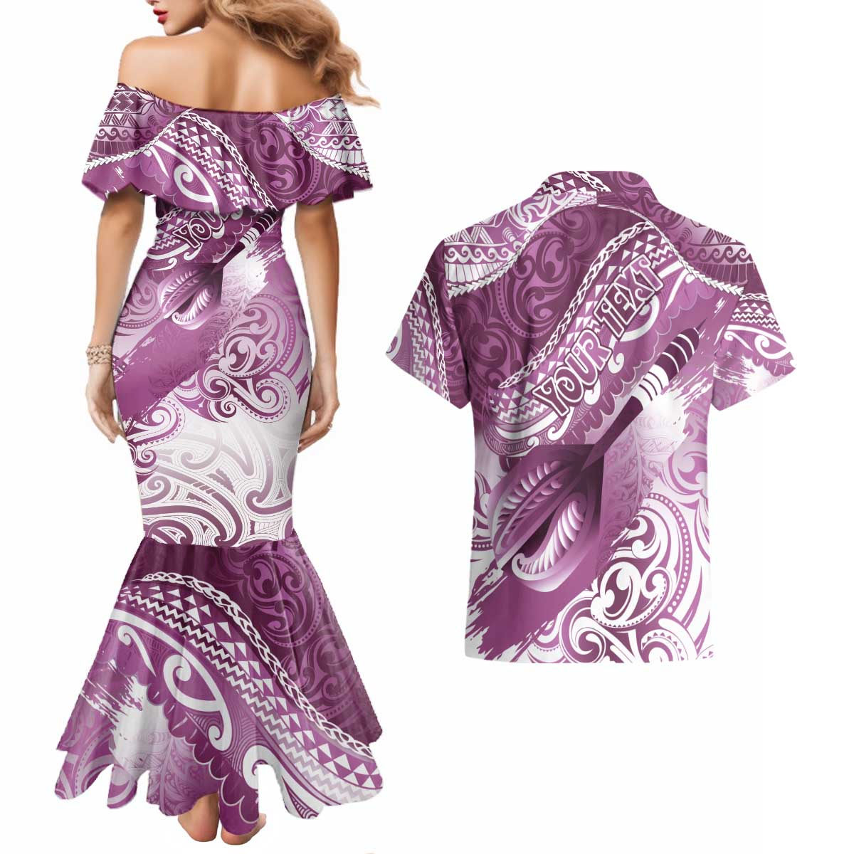 Personalised New Zealand Aotearoa Darts Masters Couples Matching Mermaid Dress and Hawaiian Shirt Maori Art Tattoo with Tribal Dart Symbol Pink - Polynesian Pride