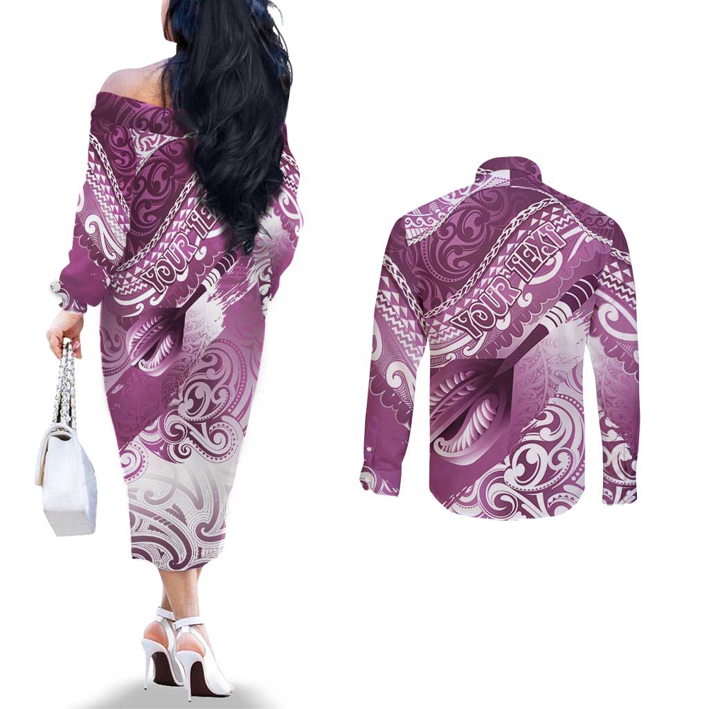 Personalised New Zealand Aotearoa Darts Masters Couples Matching Off The Shoulder Long Sleeve Dress and Long Sleeve Button Shirt Maori Art Tattoo with Tribal Dart Symbol Pink - Polynesian Pride