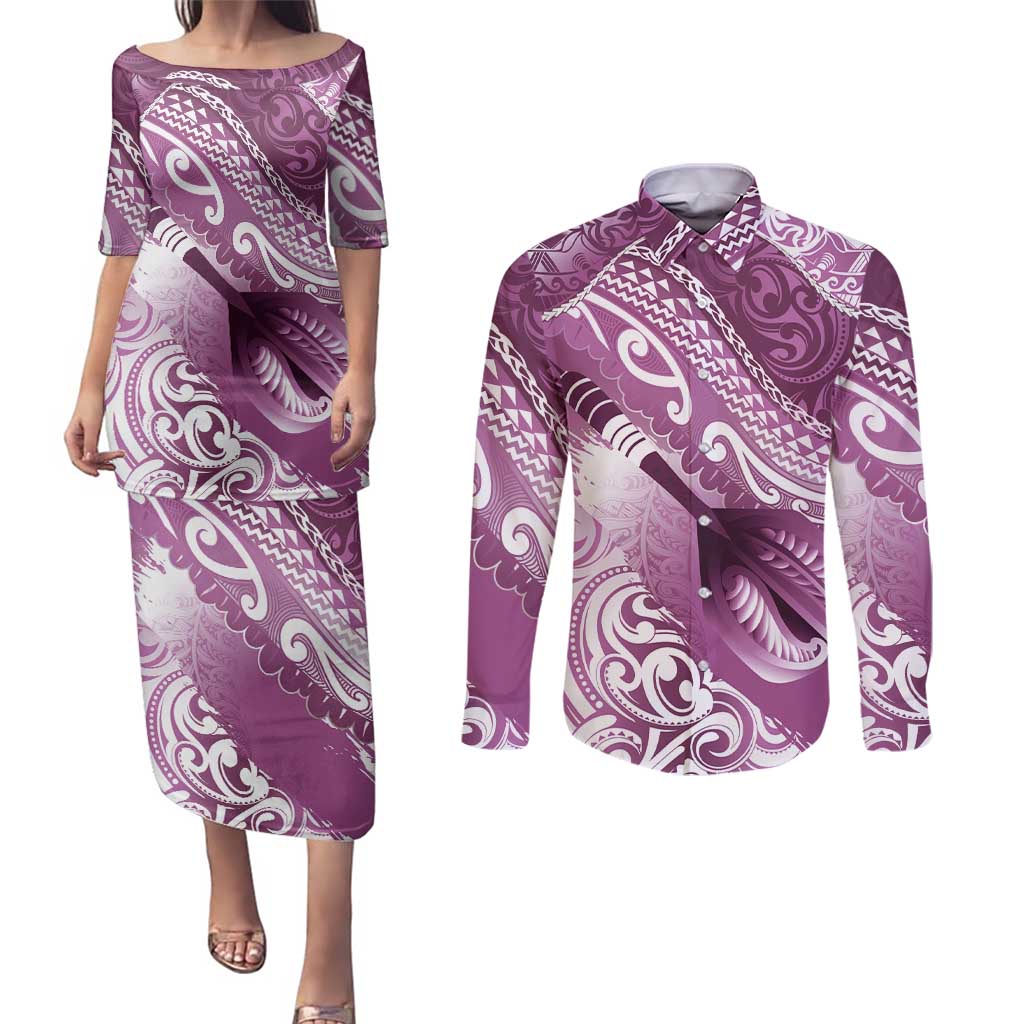 Personalised New Zealand Aotearoa Darts Masters Couples Matching Puletasi and Long Sleeve Button Shirt Maori Art Tattoo with Tribal Dart Symbol Pink - Polynesian Pride