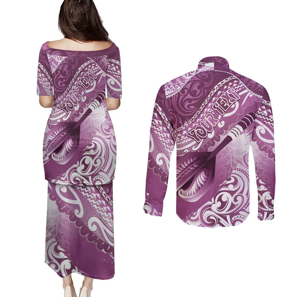 Personalised New Zealand Aotearoa Darts Masters Couples Matching Puletasi and Long Sleeve Button Shirt Maori Art Tattoo with Tribal Dart Symbol Pink - Polynesian Pride