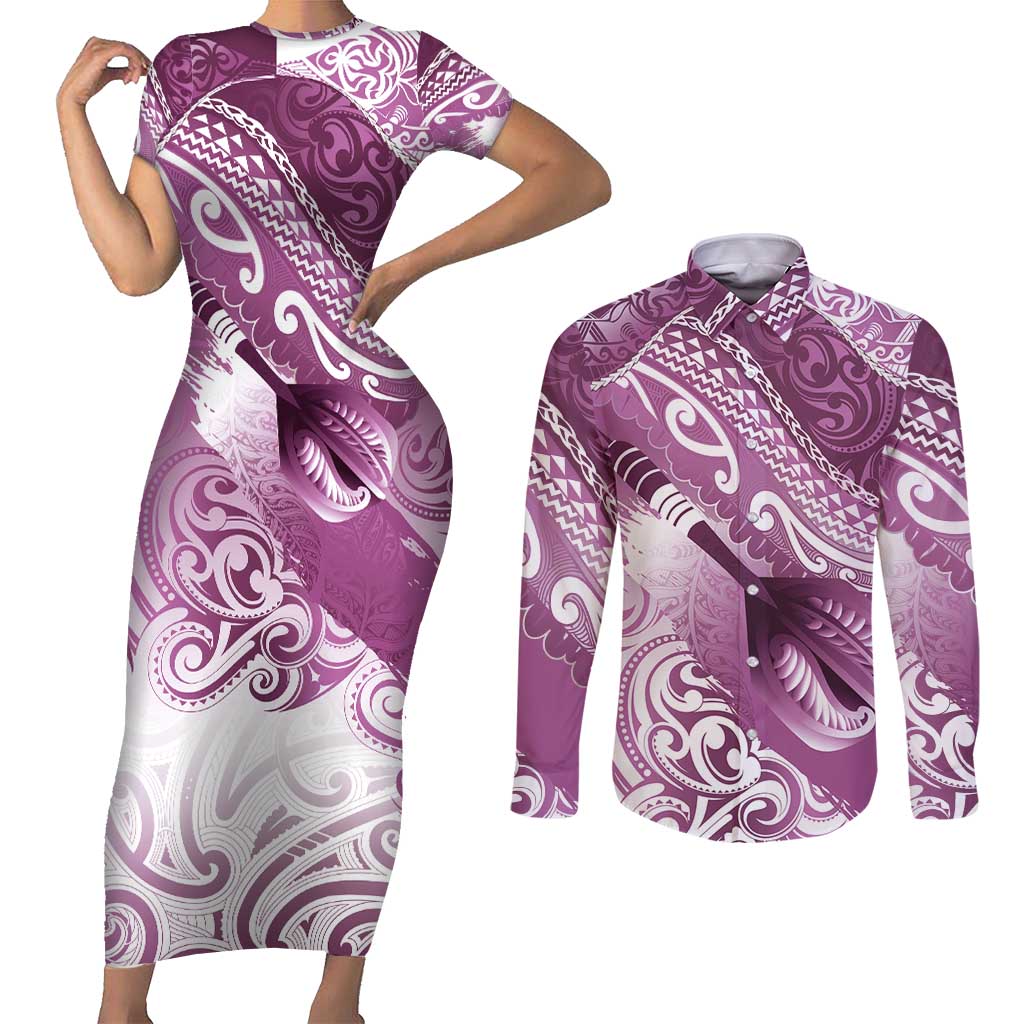 Personalised New Zealand Aotearoa Darts Masters Couples Matching Short Sleeve Bodycon Dress and Long Sleeve Button Shirt Maori Art Tattoo with Tribal Dart Symbol Pink - Polynesian Pride