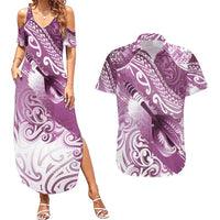 Personalised New Zealand Aotearoa Darts Masters Couples Matching Summer Maxi Dress and Hawaiian Shirt Maori Art Tattoo with Tribal Dart Symbol Pink - Polynesian Pride