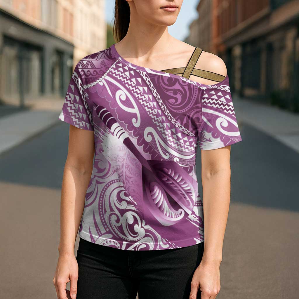 Personalised New Zealand Aotearoa Darts Masters Cross Shoulder Shirt Maori Art Tattoo with Tribal Dart Symbol Pink - Polynesian Pride