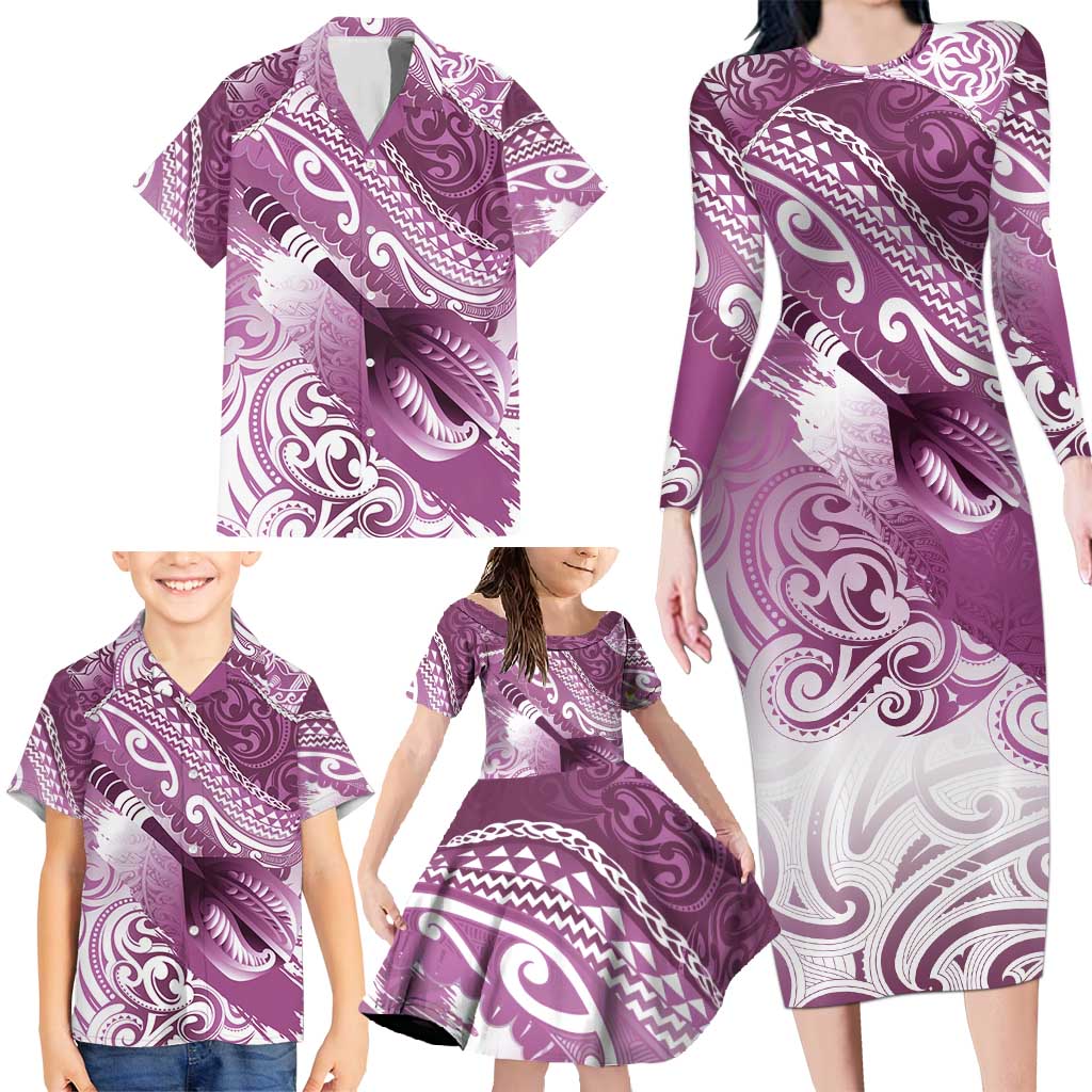 Personalised New Zealand Aotearoa Darts Masters Family Matching Long Sleeve Bodycon Dress and Hawaiian Shirt Maori Art Tattoo with Tribal Dart Symbol Pink - Polynesian Pride
